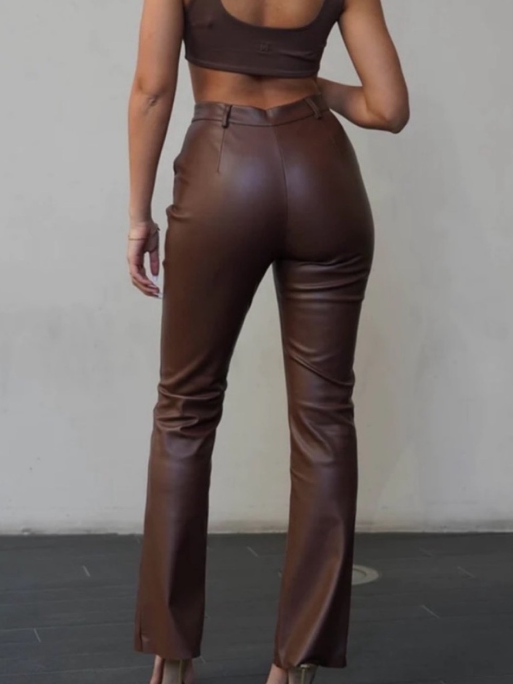 Meshki Faux Leather Straight Leg Pants In Chocolate - Picture 2 of 6